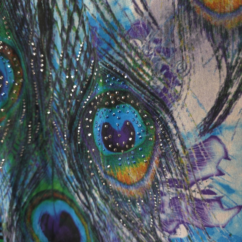Peacock Print Poncho Blouse Sheer Overlay Beaded L Boho Statement Top Resort - Picture 7 of 9